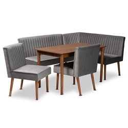 Baxton Studio Alvis Mid-Century Modern Grey Velvet Upholstered and Walnut Brown Finished Wood 5-Piece Dining Nook Set